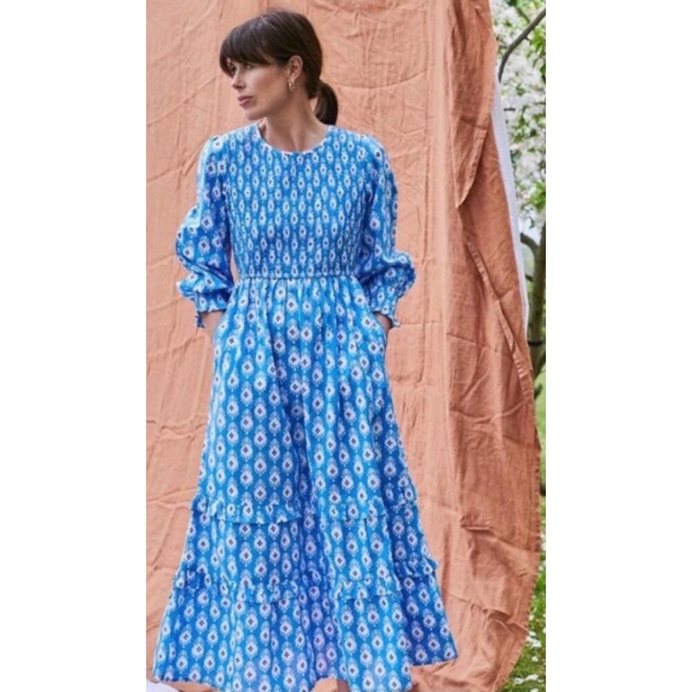 Pink City Prints Blue Diamond Print Smocked Long Sleeve Midi Dress size XS